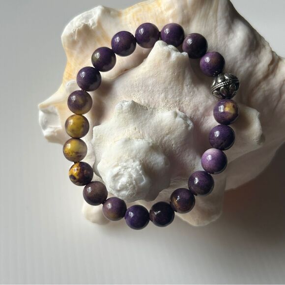 Purple and Yellow Beaded natural stone Bracelets silver 8mm fits 15-17cm wrists - Picture 2 of 5